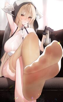 1girl absurdres arm_up armpits azur_lane black_nails blonde_hair blush breasts feet foot_focus foot_up foreshortening gloves hair_between_eyes highres holding holding_shoes holding_unworn_clothes horns huge_breasts implacable_(azur_lane) legs long_hair looking_at_viewer nail_polish naked_pantyhose parted_lips presenting_armpit red_eyes sensitive shoes sitting smell soles solo spread_toes steam steaming_body tan_thighhighs toenail_polish toenails toes unworn_shoes ursica