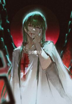 Rule 34 | 1other, absurdres, androgynous, bleeding, blood, blood on clothes, blood on face, bu geng wan bing zheng bu gai ming, commentary request, enkidu (fate), fate/grand order, fate (series), green hair, hair between eyes, hand on own face, highres, injury, kingu (fate), long hair, other focus, purple eyes, red background, robe, upper body, white robe