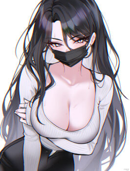1girl absurdres arm_under_breasts artist_name bilingual_commentary black_pants blush bra_strap breasts chromatic_aberration cleavage commentary covered_mouth cowboy_shot curtained_hair english_commentary hair_between_eyes haze_(7h4ze) highres large_breasts long_bangs long_hair long_sleeves looking_at_viewer mask mixed-language_commentary mouth_mask open_fly open_pants original pants ribbed_shirt scoop_neck shirt side_part sidelocks simple_background sleeves_past_wrists slit_pupils solo standing very_long_hair white_background white_eyes white_shirt