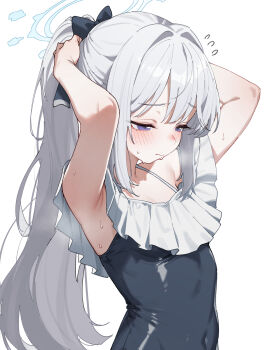 1girl armpits blue_archive blue_bow blue_eyes blue_halo blue_one-piece_swimsuit blush bow breasts commentary grey_hair hair_bow halo heoningu highres long_hair miyako_(blue_archive) miyako_(swimsuit)_(blue_archive) official_alternate_costume one-piece_swimsuit ponytail simple_background small_breasts solo swimsuit upper_body white_background
