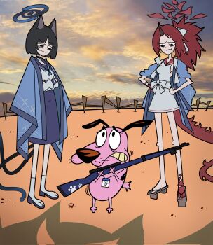 Rule 34 | animal ears, black eyes, black hair, blue archive, blue halo, blush, breasts, cat ears, cat girl, cat tail, courage (character), courage the cowardly dog, creammilk tea, dog, dragon tail, halo, highres, horns, kikyou (blue archive), lanyard, long hair, multiple tails, ponytail, red eyes, red hair, renge (blue archive), sailor collar, short hair, single horn, tail, two tails