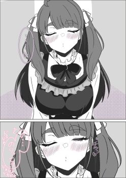 Rule 34 | ..., 1girl, ^^^, absurdres, ahoge, blunt bangs, breasts, chofu noriko, colored speech bubble, commentary request, dress, frilled dress, frilled shirt, frills, greyscale with colored background, hair ribbon, half-closed eye, heart, highres, ikizulive! love live! bluebird, large breasts, long sleeves, love live!, misumi tsugumi, pinafore dress, ribbon, shirt, sidelocks, sleeveless, sleeveless dress, speech bubble, spoken ellipsis, spoken heart, spot color, two side up, waiting for kiss