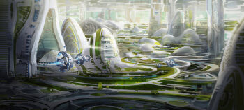 building city city_lights cityscape forest grass highres machine mecha nature no_humans original outdoors road robot scenery science_fiction sky skyscraper solarpunk tree ying_yi