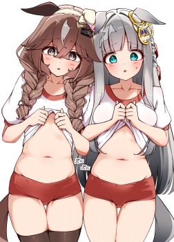 2girls absurdres alternate_costume animal_ears black_thighhighs blue_eyes blush braid breasts buruma chrono_genesis_(umamusume) clothes_lift commentary_request curren_bouquetd&#039;or_(umamusume) furrowed_brow grey_hair groin groin_tendon gym_uniform hair_between_eyes hair_ornament highres horse_ears horse_girl lifting_own_clothes long_hair looking_at_viewer multiple_girls navel open_mouth ponta_(1859ysmssstsp) pursed_lips shirt_lift sweat textless_version thighhighs tracen_training_uniform twin_braids umamusume weight_conscious white_background worried