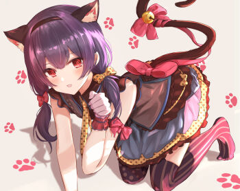 1girl :3 all_fours alternate_hairstyle animal_ear_fluff animal_ears arm_bow arm_support asymmetrical_legwear bare_shoulders bell blush bow brown_background cat_ears cat_tail commentary dot_nose dress dress_bow fake_animal_ears fake_tail flat_chest footprints full_body gloves hair_between_eyes hair_bow hair_ribbon hand_up highres idolmaster idolmaster_shiny_colors jingle_bell looking_at_viewer low_twintails mismatched_legwear morino_rinze multicolored_dress necktie no_shoes open_mouth paw_pose pink_ribbon pink_thighhighs polka_dot polka_dot_necktie polka_dot_ribbon polka_dot_thighhighs purple_hair red_bow red_eyes red_ribbon red_scrunchie ribbon scrunchie shadow short_hair sky_cappuccino sleeveless sleeveless_dress smile solo striped_clothes striped_thighhighs tail tail_bell tail_bow tail_ornament thighhighs twintails vertical-striped_clothes vertical-striped_thighhighs white_gloves wrist_scrunchie yellow_necktie yellow_ribbon