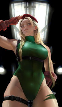 Rule 34 | 1girl, absurdres, alternate hairstyle, arm behind back, asymmetrical hair, backlighting, beret, blonde hair, blue eyes, booger wang, braid, breasts, cameltoe, cammy white, commentary request, covered abs, fingerless gloves, from below, gloves, green leotard, hair down, hair over shoulder, harness, hat, highres, large breasts, leotard, long hair, looking at viewer, red gloves, salute, single braid, skindentation, solo, street fighter, street fighter v, taut leotard, thick thighs, thigh gap, thigh strap, thighs, vambraces