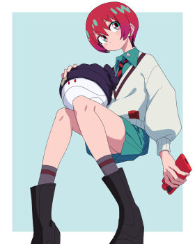 1girl amate_yuzuriha beanie black_boots black_hat blue_eyes blue_shirt blue_sky boots cellphone collared_shirt commentary gundam gundam_gquuuuuux haro hat highres holding holding_phone long_sleeves necktie phone red_hair shirt short_hair simple_background sitting skirt sky smartphone smartphone_case socks striped_necktie sweater yachima_tana