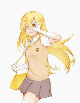 1girl ;) bag blonde_hair bright_pupils brown_sweater brown_sweater_vest brown_vest chain closed_mouth collared_shirt commentary cowboy_shot elbow_gloves emblem english_commentary gloves gold_chain grey_skirt hair_between_eyes hand_up handbag highres holding holding_chain lips looking_at_viewer miniskirt nose one_eye_closed orange_eyes pleated_skirt school_emblem school_uniform shirt shokuhou_misaki short_sleeves simple_background skirt sleeveless sleeveless_sweater smile solo spider_web_print standing star-shaped_pupils star_(symbol) summer_uniform sweater sweater_vest symbol-shaped_pupils thighhighs toaru_majutsu_no_index tokiwadai_school_uniform v-neck vest vilatile white_background white_gloves white_pupils white_shirt white_thighhighs zettai_ryouiki