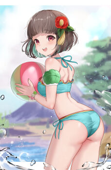 1girl aqua_bikini aqua_hair ball beachball bikini black_hair brown_hair colored_inner_hair commentary commission english_commentary flower hair_flower hair_ornament haru_(nakajou-28) highres iroha_(rune_factory) multicolored_hair red_eyes rune_factory rune_factory:_guardians_of_azuma second-party_source smile swimsuit upper_body
