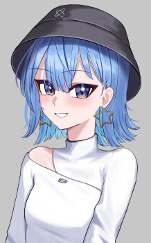 Rule 34 | 1girl, :d, black hat, blue eyes, blue hair, breasts, chrispy tuna, clothing cutout, commentary, double-parted bangs, earrings, english commentary, grey background, grin, hair between eyes, hat, highres, hololive, hoshimachi suisei, hoshimachi suisei (11th costume), jewelry, long sleeves, looking at viewer, newsboy cap, official alternate costume, open mouth, shirt, short hair, shoulder cutout, simple background, small breasts, smile, solo, star (symbol), star earrings, star in eye, symbol in eye, upper body, virtual youtuber, white shirt