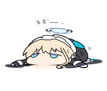 Rule 34 | 1girl, black dress, black gloves, blonde hair, blue archive, blue eyes, bun cover, chibi, dress, fingerless gloves, full body, gloves, hair bun, halo, hot, lowres, lying, maid, maid headdress, melting, nyaru (nyaru 4126), on stomach, simple background, solo, toki (blue archive), translation request, white background