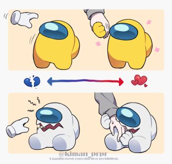 ambiguous_gender among_us biting_another's_hand biting_hand border crewmate_(among_us) disembodied_hand heart hissing holding holding_hands impostor_(among_us) kiman original pale_skin sharp_teeth sitting spacesuit standing sweatdrop teeth they_(kiman) watermark white_(among_us) white_border yellow_(among_us)