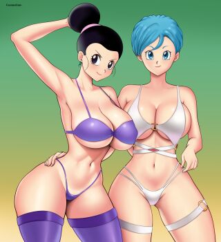 2girls arm_around_waist artist_name bikini black_hair blue_eyes blue_hair blush breasts brown_eyes bulma chi-chi_(dragon_ball) cleavage collarbone dragon_ball dragonball_z earrings gradient_background green_background gummslime hair_bun highleg highleg_bikini highres jewelry large_breasts looking_at_viewer mature_female micro_bikini multi-strapped_bikini_bottom multiple_girls navel o-ring o-ring_bikini o-ring_thigh_strap purple_bikini purple_thighhighs short_hair smile standing swimsuit thigh_strap thighhighs two-tone_background underboob white_bikini wide_hips yellow_background