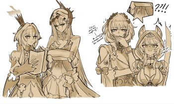 4girls aglaea_(honkai:_star_rail) air_bubble animal_ears bare_shoulders braid breasts bright_pupils bubble cat_ears cat_girl cat_tail cerydra_(honkai:_star_rail) chess_piece choikfu chrysos_heirs_(honkai:_star_rail) cipher_(honkai:_star_rail) cleavage closed_mouth covered_mouth covering_own_mouth cowboy_shot cropped_legs cropped_torso crossed_arms crown detached_sleeves dress ears_through_hood english_text fire hand_over_own_mouth head_ornament height_difference highres honkai:_star_rail honkai_(series) hood hood_up hysilens_(honkai:_star_rail) implied_yuri laurel_crown long_hair long_sleeves medium_hair mini_crown multiple_girls parted_bangs parted_lips see-through_body sepia short_hair_with_long_locks shrug_(clothing) side_braid simple_background single_braid struggling stutter sweat tail trembling upper_body v-shaped_eyebrows very_long_hair water white_background