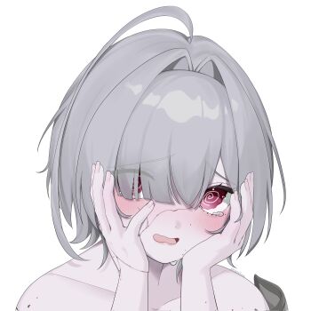 1girl @_@ ahoge bare_shoulders blush close-up collarbone commission cracked_face hair_intakes hands_on_own_cheeks hands_on_own_face highres indie_virtual_youtuber kyoo_kohito lips miyu_(weepymiyu) mole mole_on_cheek open_mouth purple_eyes short_hair solo tearing_up twitter_username virtual_youtuber white_background