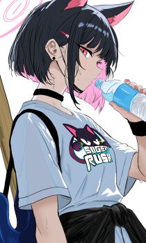 1girl after-school_sweets_club_(blue_archive) animal_ears bass_guitar black_choker black_hair black_mask blue_archive blunt_bangs bottle cat_ears choker clothes_around_waist colored_inner_animal_ears colored_inner_hair drinking earrings extra_ears fender_jazz_bass from_below hair_behind_ear hair_ornament hairclip halo highres holding holding_bottle instrument jacket jacket_around_waist jewelry kazusa_(band)_(blue_archive) kazusa_(blue_archive) looking_at_viewer mask mask_pull mouth_mask multicolored_hair official_alternate_costume pink_hair pink_halo pink_nails print_shirt red_eyes shirt short_hair short_sleeves skirt solo sweatdrop two-tone_hair upper_body user_mvnt2484 water_bottle white_background white_shirt white_skirt wristband
