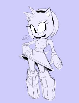 absurdres amy_rose black_hairband boots breasts dress eyelashes gloves hairband hand_on_own_hip hedgehog_girl highres knee_boots looking_to_the_side medium_breasts short_dress short_hair simple_background sketch sleeveless smile sonic_(series) tail turtleneck white_gloves zargotxd