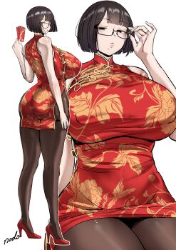 Rule 34 | 1girl, absurdres, adjusting eyewear, ass, bare arms, bare shoulders, black-framed eyewear, black eyes, black hair, blunt bangs, breasts, china dress, chinese clothes, chinese new year, commentary, covered erect nipples, dress, empty eyes, english commentary, floral print, floral print dress, glasses, grace (puzenketsu), high heels, highres, holding, huge breasts, jewelry, looking at viewer, mature female, mole, mole under mouth, multiple views, original, pantyhose, print dress, puzenketsu, red dress, red shoes, ring, semi-rimless eyewear, shoes, short hair, signature, simple background, sitting, sleeveless, sleeveless dress, standing, thick thighs, thighs