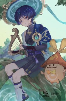 1boy anemo_symbol_(genshin_impact) aqua_gemstone aqua_kimono aqua_sleeves armor belt black_belt black_bodysuit black_bow black_bridal_gauntlets black_sandals black_shorts blue_cape blue_eyes blue_hair blue_hat blunt_ends bodysuit bow bridal_gauntlets bridal_legwear bright_pupils cape clear_sky closed_mouth clothing_cutout eyeliner eyeshadow feathers fingernails gem genshin_impact gold gold_ring gold_trim grass hakama hakama_shorts hands_up hat highres hip_vent holding holding_instrument holding_lyre instrument japanese_armor japanese_clothes jingasa juban kimono kote kurokote layered_sleeves leg_warmers looking_down lyre makeup male_focus mandarin_collar middle_ring nece6556 open_clothes open_kimono outdoors pleated_shorts pond purple_rope purple_sash red_eyeliner red_eyeshadow ripples rope sandals sash scaramouche_(genshin_impact) short_sleeves shorts shoulder_peek sitting_on_branch sky smile solo stirrup_legwear tassel toeless_legwear vision_(genshin_impact) wanderer_(genshin_impact) watermark white_kimono white_leg_warmers white_pupils white_sleeves wispy_bangs yellow_feathers zouri