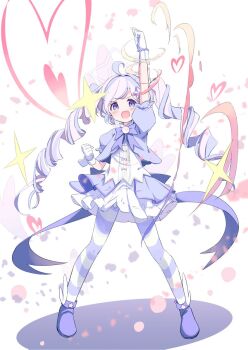 1girl ahoge arm_up blue_archive blue_hair blush bow clenched_hand dress drill_hair garuruu_(garumux) gloves halo heart long_hair looking_at_viewer multicolored_hair open_mouth pantyhose puffy_short_sleeves puffy_sleeves purple_eyes purple_hair reisa_(blue_archive) reisa_(magical)_(blue_archive) short_sleeves skirt smile solo striped_clothes striped_pantyhose twin_drills twintails two-tone_hair white_background white_gloves