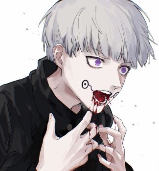 1boy absurdres black_jacket bleeding blood blood_from_mouth blood_on_face blood_on_hands chinese_commentary eyelashes facial_mark facial_tattoo gakuran grey_hair hands_up high_collar highres injury inumaki_toge jacket jujutsu_kaisen long_sleeves looking_to_the_side male_focus nidexintu open_mouth purple_eyes school_uniform shirt short_hair simple_background solo tattoo teeth tongue upper_body white_background