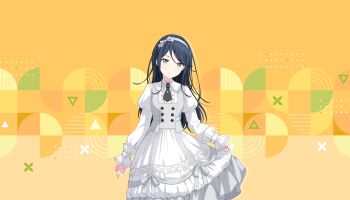 Rule 34 | 1girl, black necktie, bow, breasts, buttons, center frills, closed mouth, collared dress, colorful palette, cowboy shot, dot nose, dress, expressionless, frilled dress, frilled shirt collar, frilled sleeves, frills, game cg, green background, grey bow, grey eyes, grey vest, hairband, highres, holding, holding cloth, hoshino ichika (project sekai), juliet sleeves, lace-trimmed shirt collar, lace-trimmed wrist cuffs, lace trim, layered dress, lolita fashion, long hair, long sleeves, looking at viewer, necktie, official alternate costume, official art, project sekai, puffy sleeves, short necktie, show your shine (project sekai), small breasts, solo, star (symbol), swept bangs, third-party source, two-tone background, upper body, vest, white dress, white hairband, wrist cuffs, yellow background