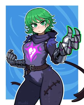 1girl absurdres artist_name belt blush bodysuit border broken_heart_print clawed_gauntlets claws closed_mouth cosplay cowboy_shot curly_hair curvy eyelashes fortnite gauntlets green_eyes green_hair highres hood hood_down hooded_bodysuit muds one-punch_man outline raven_team_leader raven_team_leader_(cosplay) short_hair solo stitches tatsumaki v-shaped_eyebrows white_border wide_hips