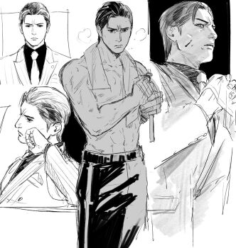 ahoge blood blood_on_face commentary_request formal_clothes greyscale hair_slicked_back hand_wraps handkerchief male_focus mine_yoshitaka monochrome necktie pants pinstripe_pattern pinstripe_suit ryuu_ga_gotoku_(series) ryuu_ga_gotoku_3 sitting suit sweatpants towel towel_around_neck tyag53 wiping_hands