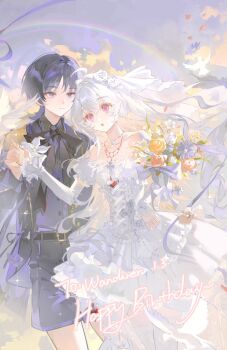 1boy 1girl ahoge alternate_costume artist_request belt belt_buckle black_belt black_bow black_bowtie black_collar black_hair black_shirt black_suit blunt_ends bouquet bow bowtie breasts bridal_veil buckle closed_mouth cloud cloudy_sky collar commission commissioner_insert couple cross-laced_clothes cross-laced_dress cross-laced_sleeves cross_ornament dress dress_shirt eyeliner eyeshadow falling_flower flower formal_clothes frilled_sleeves frilled_thigh_strap frills genshin_impact gold_buckle grass hair_between_eyes hair_intakes happy_birthday hayami_momo_(hayamimomo) heart_pendant hetero holding holding_bouquet holding_hands jacket large_bow light_smile long_hair long_sleeves looking_at_another makeup mole mole_under_eye multicolored_hair off-shoulder_dress off_shoulder open_clothes open_jacket open_mouth orange_flower original outdoors pink_eyes pink_flower pink_rose puffy_sleeves purple_eyes purple_flower purple_hair purple_shorts purple_sleeves purple_vest rainbow red_eyeliner red_eyeshadow rose scaramouche_(genshin_impact) second-party_source shirt shorts single_sidelock sky small_breasts streaked_hair suit suit_jacket tareme thigh_strap thighhighs tsurime undershirt veil vest white_bow white_dress white_flower white_hair white_rose white_sleeves white_thighhighs white_veil wispy_bangs yellow_flower yellow_rose