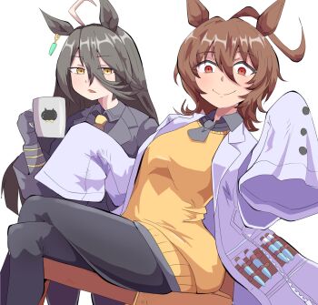 2girls agnes_tachyon_(tach-nology)_(umamusume) agnes_tachyon_(umamusume) ahoge animal_ears black_pantyhose breasts brown_eyes brown_hair closed_mouth collared_shirt commentary_request crossed_legs cup gloves grey_gloves grey_jacket grey_shirt hair_between_eyes hand_up highres holding holding_cup horse_ears jacket lab_coat long_hair manhattan_cafe_(creeping_black)_(umamusume) manhattan_cafe_(umamusume) mug multicolored_hair multiple_girls necktie open_clothes pantyhose parted_lips red_eyes shirt simple_background sitting sweater takobutter two-tone_hair umamusume umamusume:_beginning_of_a_new_era very_long_hair vial white_background white_hair yellow_necktie yellow_sweater
