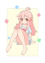 Rule 34 | 1girl, ahoge, bare legs, barefoot, blush, brown eyes, closed mouth, commentary request, convenient leg, full body, genderswap, genderswap (mtf), grey shirt, hair between eyes, highres, long hair, looking at viewer, no pants, onii-chan wa oshimai!, oyama mahiro, pink hair, pon sugar, shirt, short sleeves, simple background, sitting, smile, solo, t-shirt