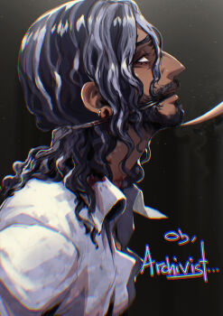 Rule 34 | 1boy, absurdres, aquiline nose, beard, blackberreh-art, blood, claws, collared shirt, dark-skinned male, dark skin, design speculation, earrings, eyelashes, facial hair, from side, gagged, grey hair, highres, injury, jewelry, jonathan sims, long hair, male focus, multicolored hair, mustache, nose, notched ear, scar, scar on neck, shirt, solo, the magnus archives, two-tone hair, white shirt