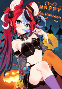 1girl alternate_costume alternate_hairstyle animal_ear_fluff animal_ears asymmetrical_legwear bare_shoulders black_bow black_bowtie black_bustier black_hair black_hat black_ribbon black_skirt blue_eyes bow bowtie breasts bustier candy cleavage colored_tips commentary detached_sleeves english_commentary extra_ears food frilled_sleeves frills hair_between_eyes hair_ribbon hakos_baelz halloween hat head_tilt highleg highleg_panties highres holding holding_candy holding_food holding_lollipop hololive hololive_english jack-o&#039;-lantern kneehighs kutata lollipop long_hair looking_at_viewer medium_breasts midriff mini_hat miniskirt mismatched_legwear mouse_ears mouse_girl mouse_tail multicolored_hair navel night orange_thighhighs outdoors panties panty_straps purple_socks red_hair ribbon see-through_clothes see-through_sleeves single_kneehigh single_sock single_thighhigh sitting skirt socks solo streaked_hair tail thighhighs twintails underwear uneven_legwear vertical-striped_sleeves virtual_youtuber white_hair