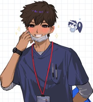 2boys :d adam&#039;s_apple alternate_costume antenna_hair arm_behind_back bandage_over_one_eye bandaged_head bandages bare_arms black_eyes black_hair blue_shirt blush bright_pupils brown_eyes brown_hair chibi chibi_inset commentary_request dark-skinned_male dark_skin double-parted_bangs empty_eyes grey_shirt grid_background grin hair_behind_ear hair_between_eyes hand_up heart hero_(faraway)_(omori) hero_(omori) highres id_card jitome lanyard layered_sleeves looking_at_viewer male_focus mask mask_pull mouth_mask multiple_boys no_pupils official_alternate_costume omori open_mouth pen pocket shirt short_hair short_sleeves simple_background smile solo_focus something_(omori) sparkle spoilers sunny_(hospital_gown)_(omori) sunny_(omori) sweatdrop tabeyu three-quarter_sleeves upper_body very_short_hair watch white_background white_mask wristwatch