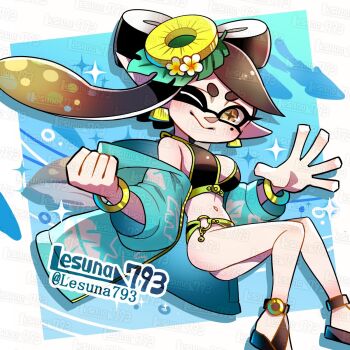 bikini black_hair bracelet breasts buckle callie_(splatoon) cleavage food fruit hair_ornament highres inkling jacket jacket_on_shoulders jewelry lesuna long_hair medium_breasts mole mole_under_eye nintendo one_eye_closed pineapple pineapple_slice pointy_ears sandals short_eyebrows smile splatoon_(series) splatoon_1 squid squid_girl star-shaped_pupils star_(symbol) summer swimsuit symbol-shaped_pupils tentacle_hair twintails very_long_hair waving wink yellow_eyes