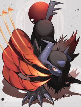 absol animal_focus asymmetrical_horns black_fur black_hair body_fur bright_pupils claws gen_3_pokemon hair_over_one_eye highres horns looking_at_viewer mega_absol_z mega_pokemon moon nintendo no_humans one_eye_covered pokemon pokemon_(creature) pokemon_focus red_eyes red_moon red_wings reo_(mmocc123) shadow solo tail uneven_horns white_pupils wings