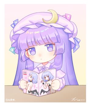 1girl absurdres artist_name ass bat_wings black_bra blue_hair book border bow bowtie bra capelet chibi chibi_only chinese_commentary collar collared_shirt commentary_request crescent crescent_hat_ornament dated expressionless frilled_collar frills hat hat_ornament hat_ribbon heart heart_print highres holding holding_book jitome kiri_(maoxianjiu) light_blush long_hair medium_hair nude patchouli_knowledge purple_bow purple_bowtie purple_capelet purple_eyes purple_hair purple_hat purple_shirt reading red_eyes remilia_scarlet ribbon shirt solo table touhou underwear white_border wings yellow_background