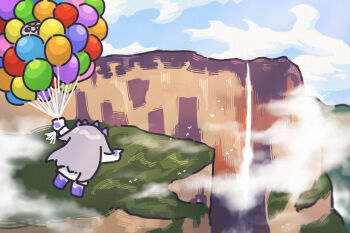 1girl 1other balloon bing_huyue canyon chibi cloud cloudy_sky commentary english_commentary floating gem gem_hair_ornament hair_flaps hand_jewel highres hololive hololive_english koseki_bijou long_hair pebble_(koseki_bijou) pointing pointing_forward purple_gemstone purple_hair simple_bird sky up_(disney) venezuela virtual_youtuber water waterfall