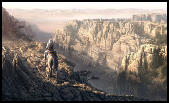 1boy absurdres altair_ibn_la-ahad assassin's_creed_(series) canyon cloak commentary desert english_commentary flock from_behind highres hood hooded_cloak horse horseback_riding landscape painterly raphael-lacoste riding rock scenery signature sky sunlight tree white_cloak white_sky