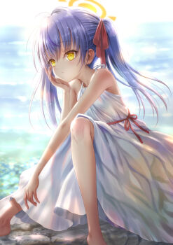 Rule 34 | 1girl, ahoge, backlighting, barefoot, blurry, blurry background, blush, commentary request, commission, dark-skinned female, dark skin, day, dress, feet out of frame, goto p, grey hair, hair intakes, hair ribbon, halo, hand on own cheek, hand on own face, hand up, highres, indie virtual youtuber, knees up, long dress, long hair, looking ahead, natsuhara aiko, outdoors, red ribbon, ribbon, river, rock, sitting, skeb commission, sleeveless, sleeveless dress, solo, straight hair, sundress, sunlight, twintails, virtual youtuber, white dress, yellow eyes, yellow halo
