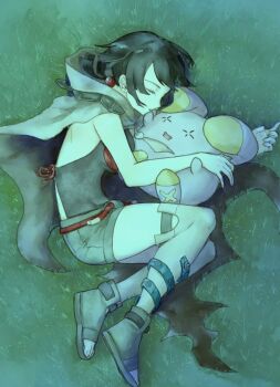 1girl asuka_rkgk belt black_hair cape closed_eyes closed_mouth commentary_request from_above gen_3_pokemon grass highres lying nintendo on_side open-toe_shoes pokemon pokemon_(creature) pokemon_omega_ruby_and_alpha_sapphire red_belt rope_belt shirt shoes short_hair shorts single_thighhigh sleeping sleeveless sleeveless_shirt thighhighs toes whismur zinnia_(pokemon)
