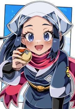 Rule 34 | 1girl, akari (pokemon), blue eyes, blue hair, blue jacket, blush, commentary request, highres, hisuian poke ball, holding, jacket, long hair, looking at viewer, nintendo, open mouth, poke ball, pokemon, pokemon legends: arceus, red scarf, scarf, shiki (kisikisi1007), solo, standing, upper body
