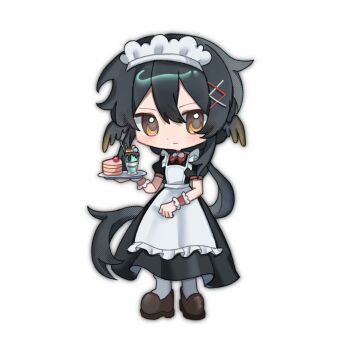 1boy alternate_costume animal_ears apron bird_ears black_dress black_hair bow bowtie brown_shoes cake cake_slice chibi chinese_commentary closed_mouth collared_dress commentary_request crossdressing crossdressing_(mtf) dot_nose dress dress_shoes enmaided expressionless food frilled_apron frilled_wrist_cuffs frills full_body grey_outline grey_pantyhose hair_between_eyes hair_ornament hairclip halftone highres holding holding_tray light_blush light_frown long_hair looking_at_viewer low_ponytail maid maid_headdress male_focus male_maid mismatched_wrist_cuffs outline pantyhose parfait pink_wrist_cuffs pleated_dress ponytail puffy_short_sleeves puffy_sleeves qianwa_shi_biao real_life red_bow red_bowtie red_wrist_cuffs shoes short_sleeves simple_background solo standing tray very_long_hair weiyunsi white_apron white_background wrist_cuffs x_hair_ornament yellow_eyes