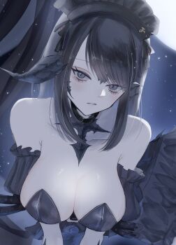 1girl absurdres au_ra black_hair black_horns black_scales breasts commentary_request detached_sleeves dragon_girl dragon_horns final_fantasy final_fantasy_xiv grey_eyes highres horns jewelry large_breasts leaning_forward long_hair looking_at_viewer maid_headdress mmmpi54 necklace original pale_skin ribbon scales sidelocks