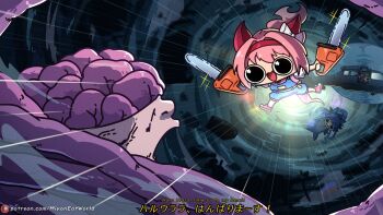 3girls animal_costume animal_ears blue_overalls chainsaw chainsaw_man chibi chibi_only commentary crossover dual_wielding ear_covers english_commentary hair_intakes hairband haru_urara_(casual)_(umamusume) haru_urara_(umamusume) highres holding holding_chainsaw horse_ears horse_girl horse_tail long_hair midair miyan_(oceanmaiden) multiple_girls open_mouth overalls pink_hair red_hairband rice_shower_(umamusume) shark_costume star_(symbol) star_in_eye subtitled symbol_in_eye tail twin_turbo_(umamusume) typhoon_devil_(chainsaw_man) umamusume watermark web_address