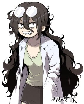 1girl black_eyes black_skirt breasts camekirin coke-bottle_glasses commentary_request eyewear_on_head glasses hair_between_eyes hands_in_pockets jimiko lab_coat long_hair messy_hair original sharp_teeth simple_background skirt small_breasts solo teeth very_long_hair white_background