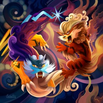 Rule 34 | animal, animal focus, arcanine, blonde hair, brown eyes, claws, eric proctor, gen 1 pokemon, gen 2 pokemon, legendary pokemon, nintendo, no humans, open mouth, pokemon, pokemon (creature), purple hair, raikou