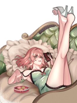 1girl absurdres bare_legs book breasts brown_hair camisole commentary couch english_commentary fingernails food full_body green_camisole green_eyes green_nails hair_between_eyes head_on_pillow high_heels highres holding holding_book holding_food large_breasts legs legs_up lying macaron nail_polish on_back on_couch open_book original parted_lips pillow reading ryuuxin shion_(ryuuxin) shoes short_hair smile solo white_background white_shoes