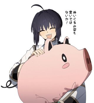 1other ahoge animal black_hair blush closed_eyes commentary_request fate/samurai_remnant fate_(series) fingernails happy highres holding holding_animal long_sleeves ninjin_(ne_f_g_o) open_mouth other_focus pig simple_background solo translation_request white_background yamato_takeru_(fate)