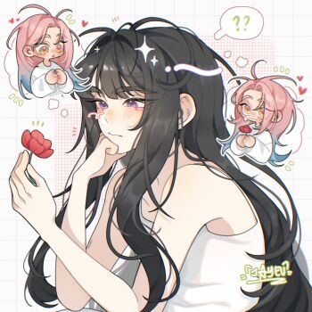 2girls ? ?? alien_stage black_hair blue_hair commentary dress english_commentary flower gradient_hair heart highres holding holding_flower jayeu long_sleeves mizi_(alien_stage) multicolored_hair multiple_girls official_alternate_hair_length official_alternate_hairstyle pink_hair purple_eyes red_flower signature sleeveless sleeveless_dress solo_focus spoken_question_mark sua_(alien_stage) two-tone_hair white_dress yellow_eyes